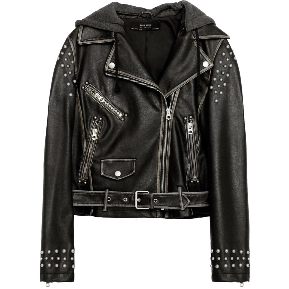 Zara Vegan Leather Studded Motorcycle Jacket Hood